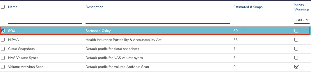 Private Cloud Snapshot Profiles list showing SOX and other default profiles