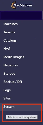Private Cloud main dashboard with System option in left menu