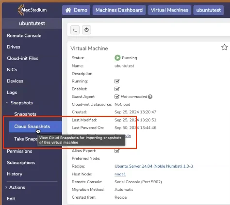 Private Cloud Cloud Snapshots list showing a newly created snapshot entry