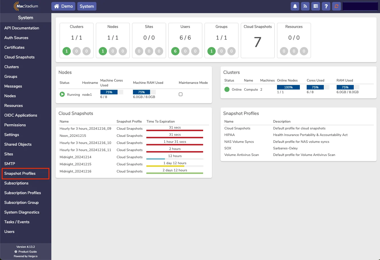 Private Cloud System menu with Snapshot Profiles option highlighted