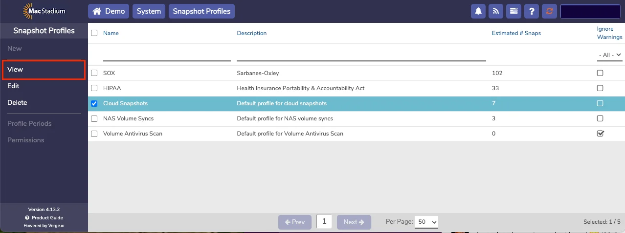 Private Cloud Snapshot Profile dashboard showing periods and edit options