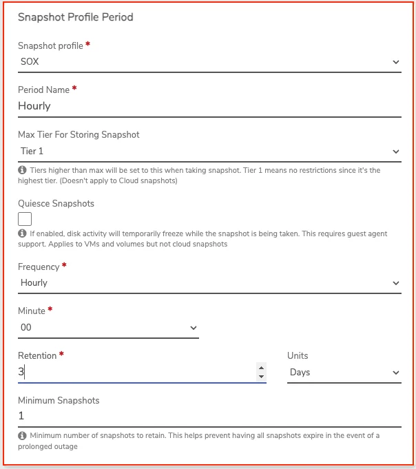 Private Cloud Snapshot Profile Period form with frequency and retention fields