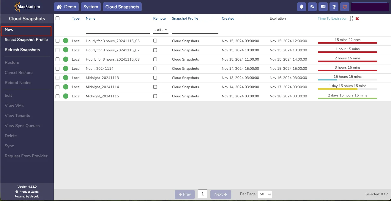 Private Cloud Cloud Snapshots left menu with New option
