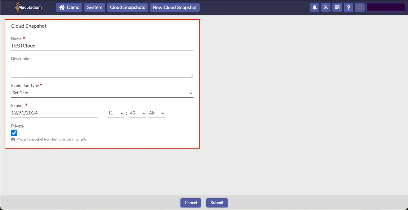 Private Cloud New Cloud Snapshot form with Name, Description, and Expires fields