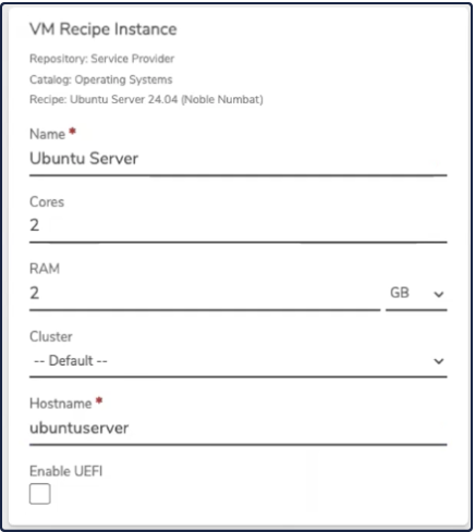 Private Cloud VM Recipe Instance fields showing Name, Cores, RAM, Cluster, and Hostname