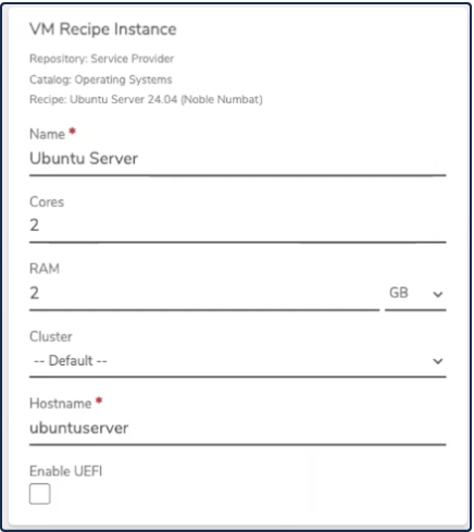 Private Cloud VM Recipe Instance fields showing Name, Cores, RAM, Cluster, and Hostname