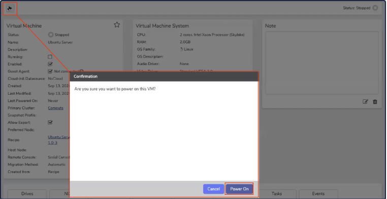 Private Cloud Power On confirmation dialog