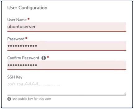 Private Cloud User Configuration section with username, password, and SSH key fields
