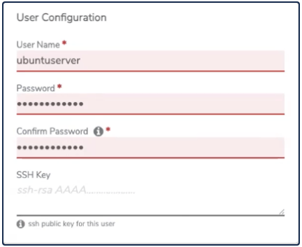 Private Cloud User Configuration section with username, password, and SSH key fields