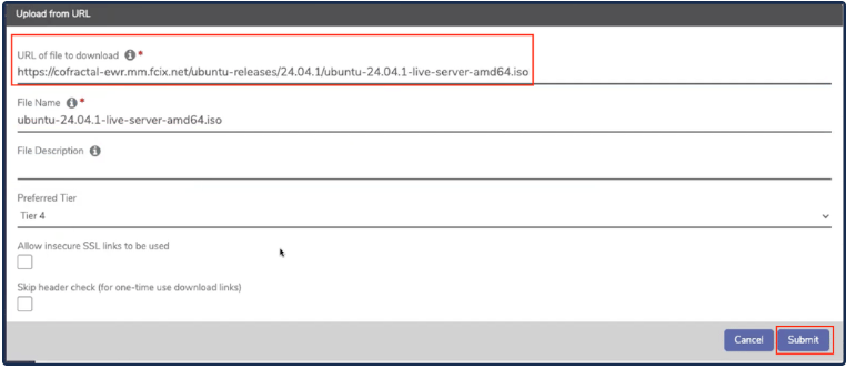 Private Cloud Upload from URL field with download link pasted