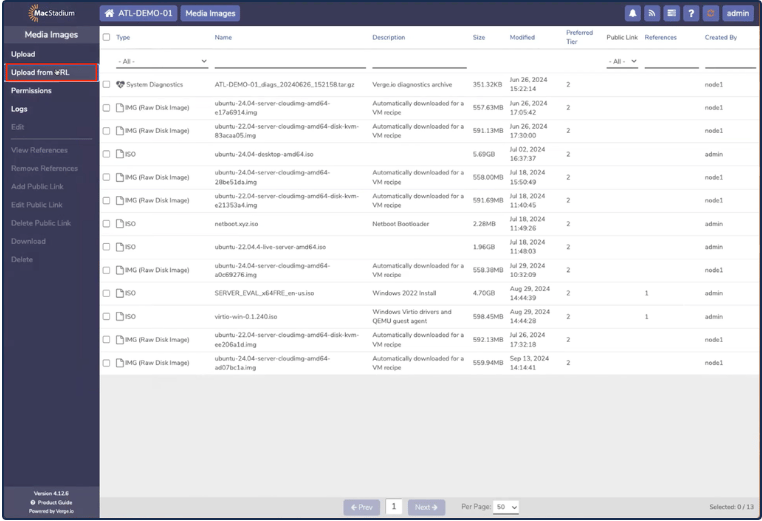 Private Cloud Media Images page with Upload from URL button