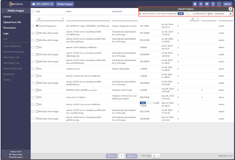Private Cloud Media Images page showing direct upload progress