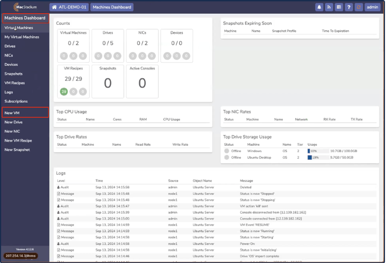 Private Cloud Machines Dashboard with New VM button