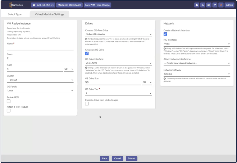 Private Cloud Virtual Machine Settings tab