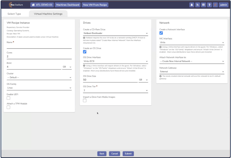 Private Cloud Virtual Machine Settings tab