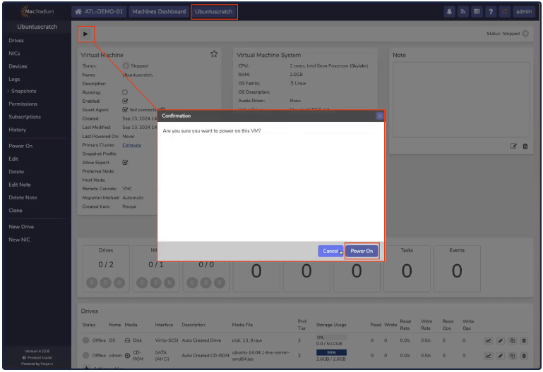 Private Cloud Power On confirmation dialog