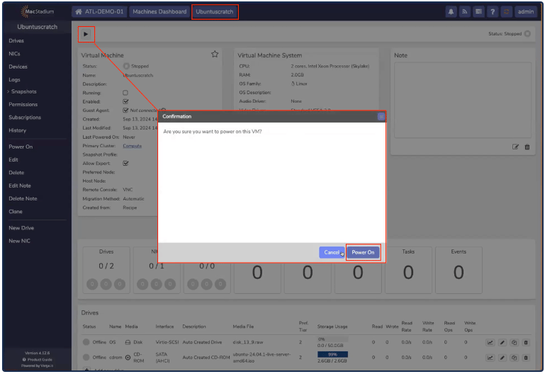Private Cloud Power On confirmation dialog