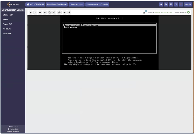 Private Cloud console showing VM display output