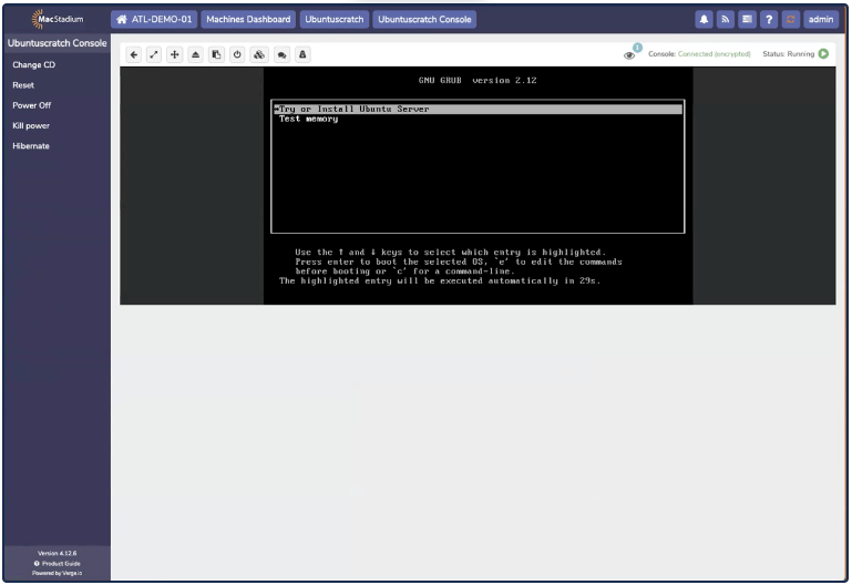 Private Cloud console showing VM display output