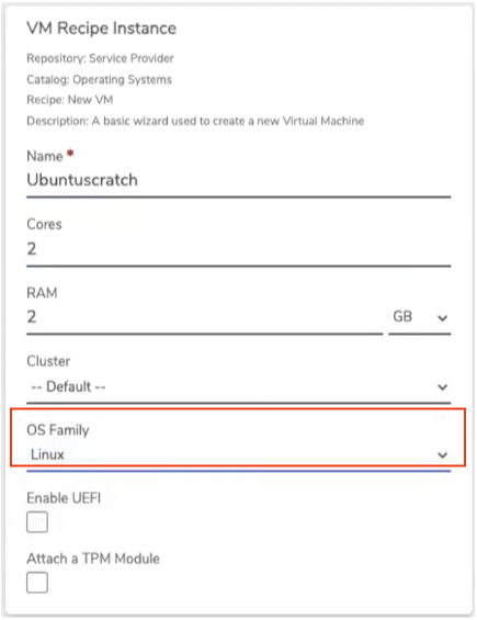 Private Cloud VM Recipe Instance fields showing Name, Cores, RAM, Cluster, and OS Family
