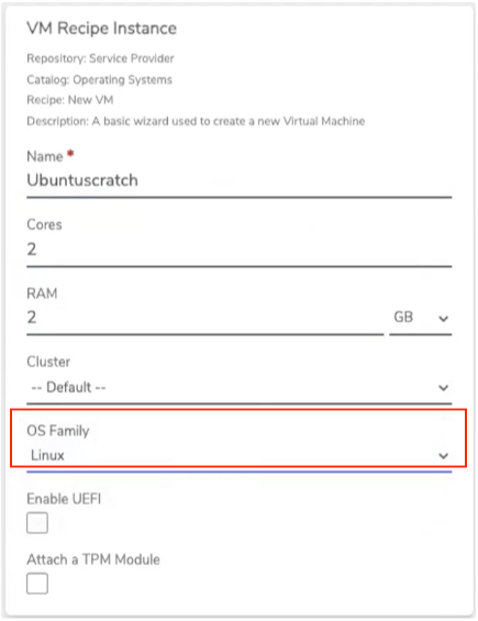 Private Cloud VM Recipe Instance fields showing Name, Cores, RAM, Cluster, and OS Family