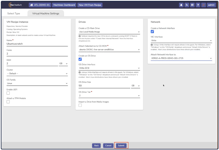 Private Cloud Virtual Machine Settings with Submit button