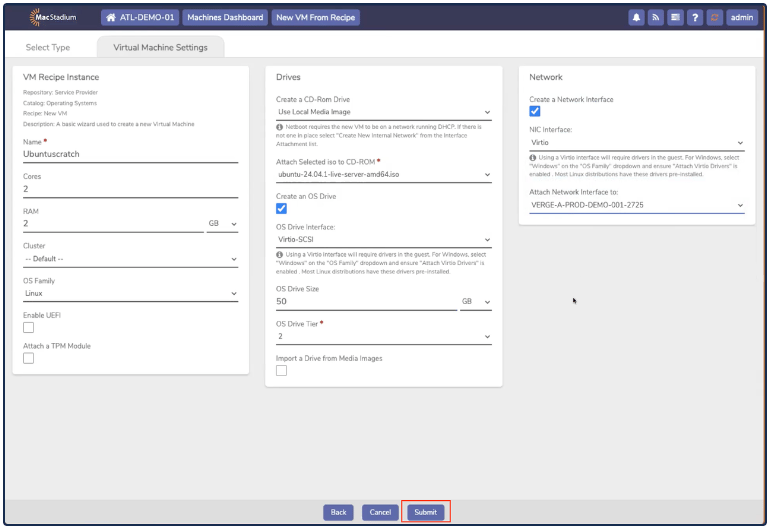 Private Cloud Virtual Machine Settings with Submit button