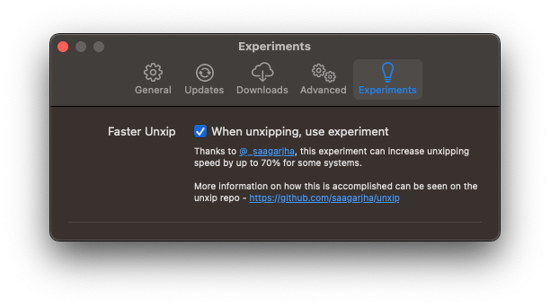 Xcodes Settings Experiments panel with experimental unxip option checked