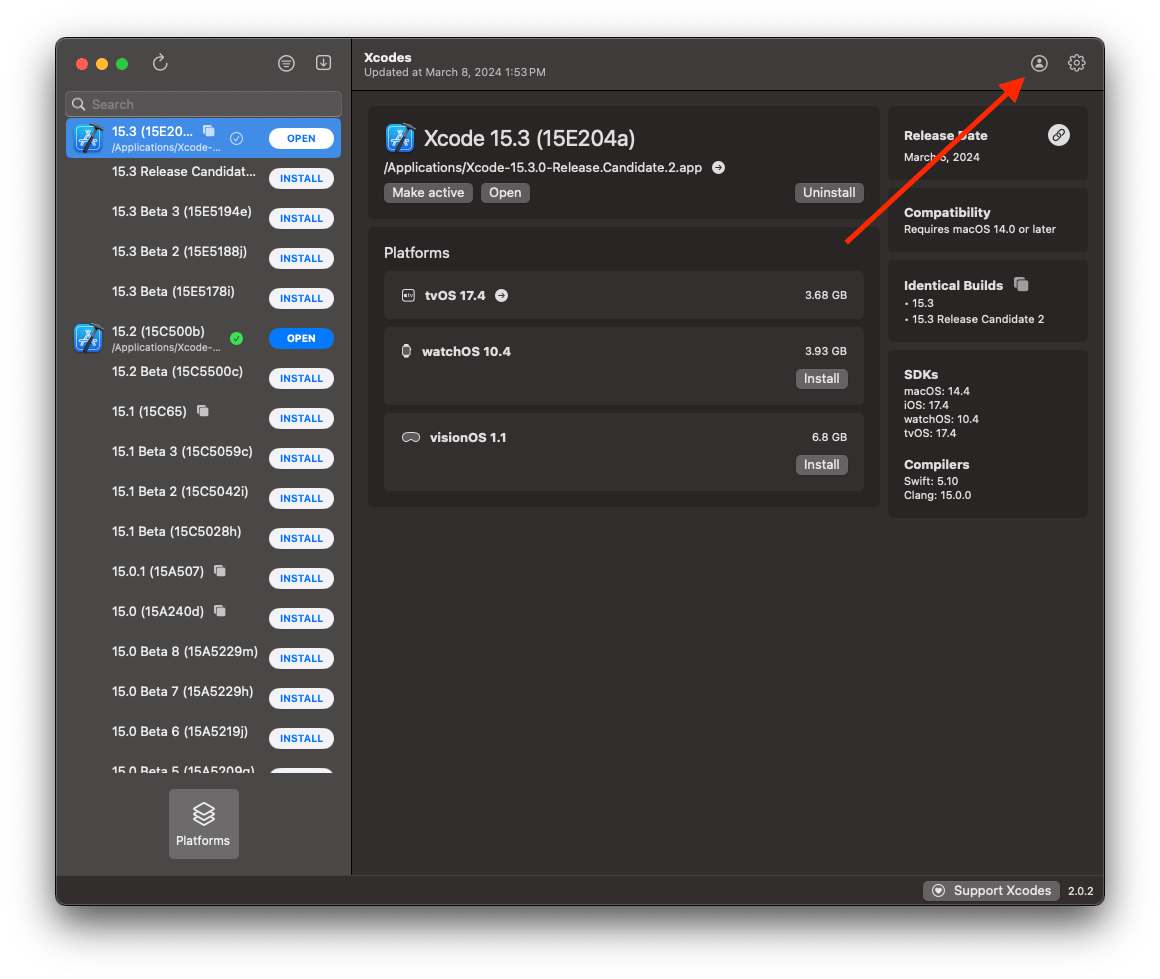 Xcodes app main window showing Account icon in the upper right corner