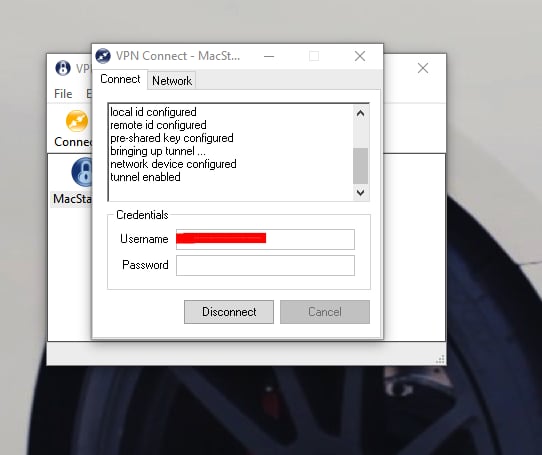 Shrew Soft VPN showing Tunnel enabled status after successful connection