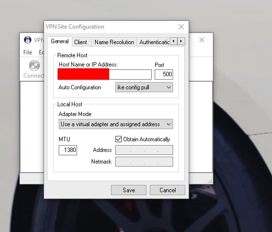Shrew Soft VPN site configuration with firewall WAN IP address field