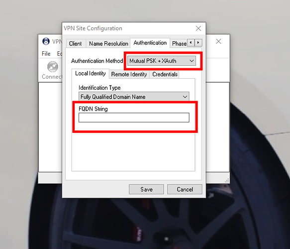 Shrew Soft Local Identity tab with FQDN String field for group authentication name