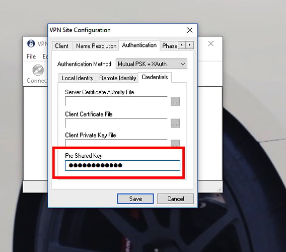 Shrew Soft Credentials tab with Pre Shared Key field