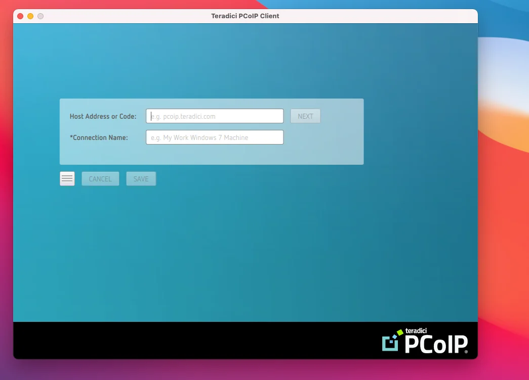 HP Anyware PCoIP client connection screen with server address field