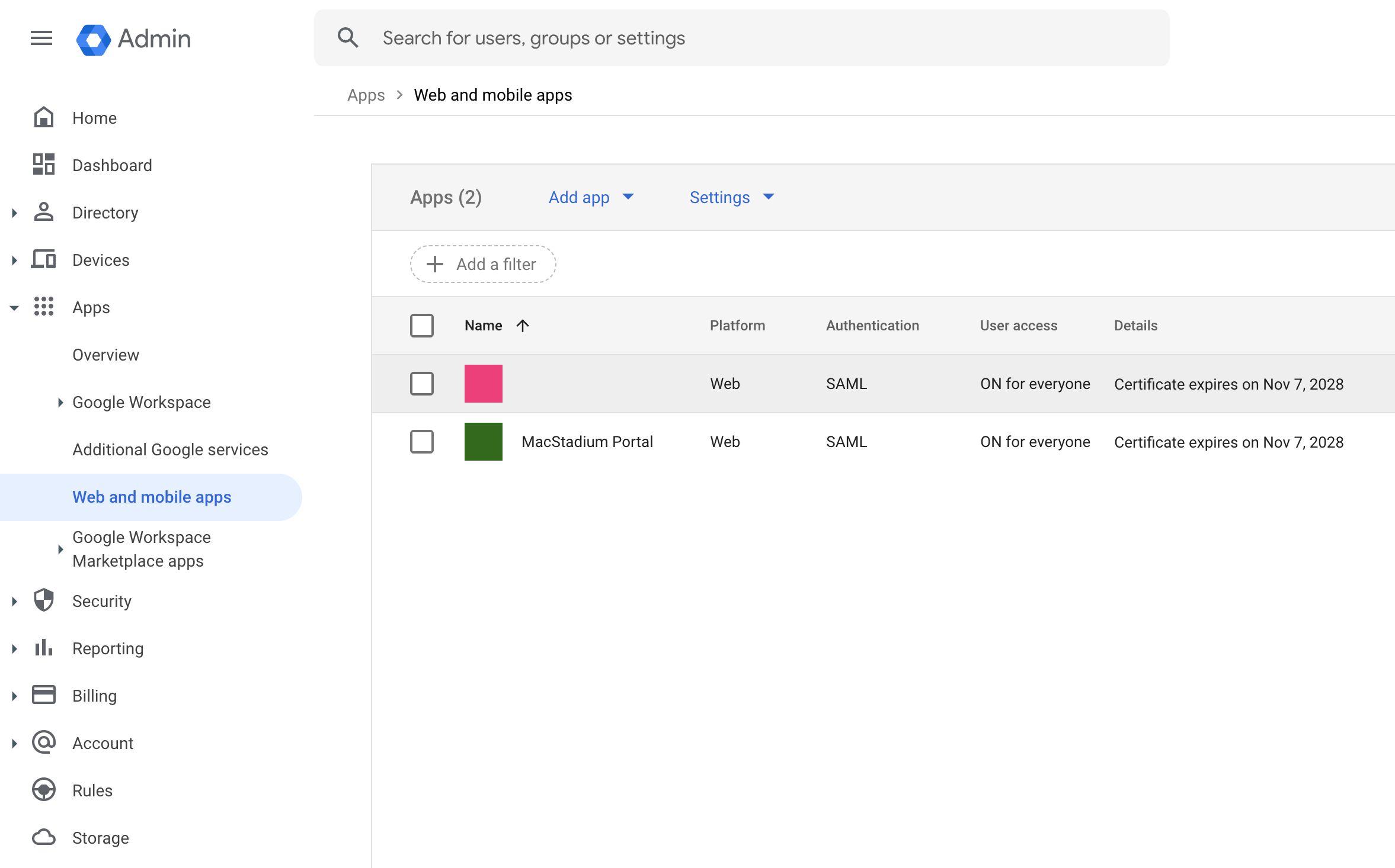 Google Admin Console left menu with Web and mobile apps option highlighted
