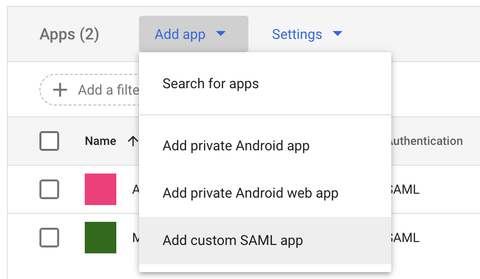 Google Admin Web and mobile apps page with Add app dropdown showing Custom SAML app