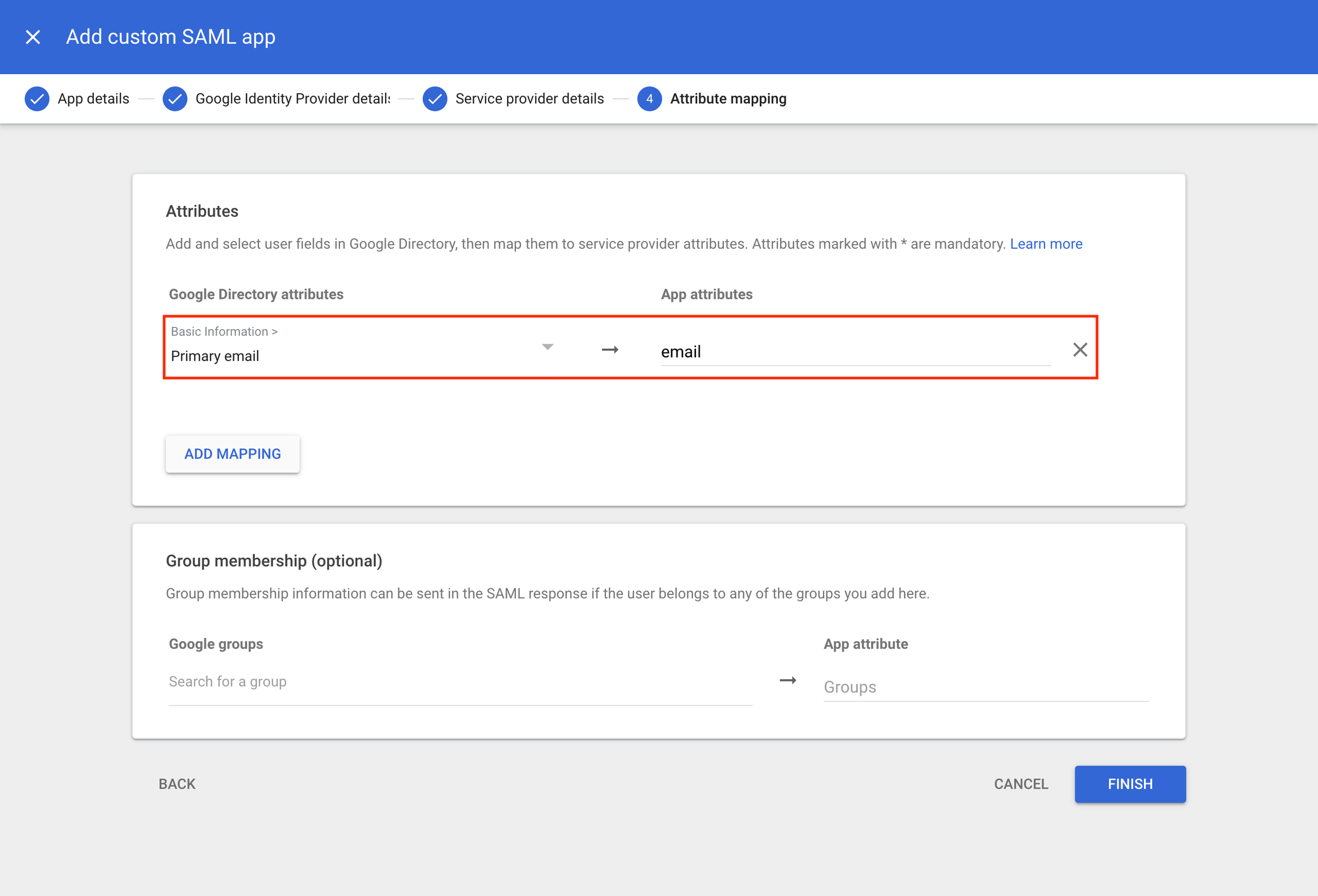 Google SAML app Attribute mapping with Primary Email mapped to email