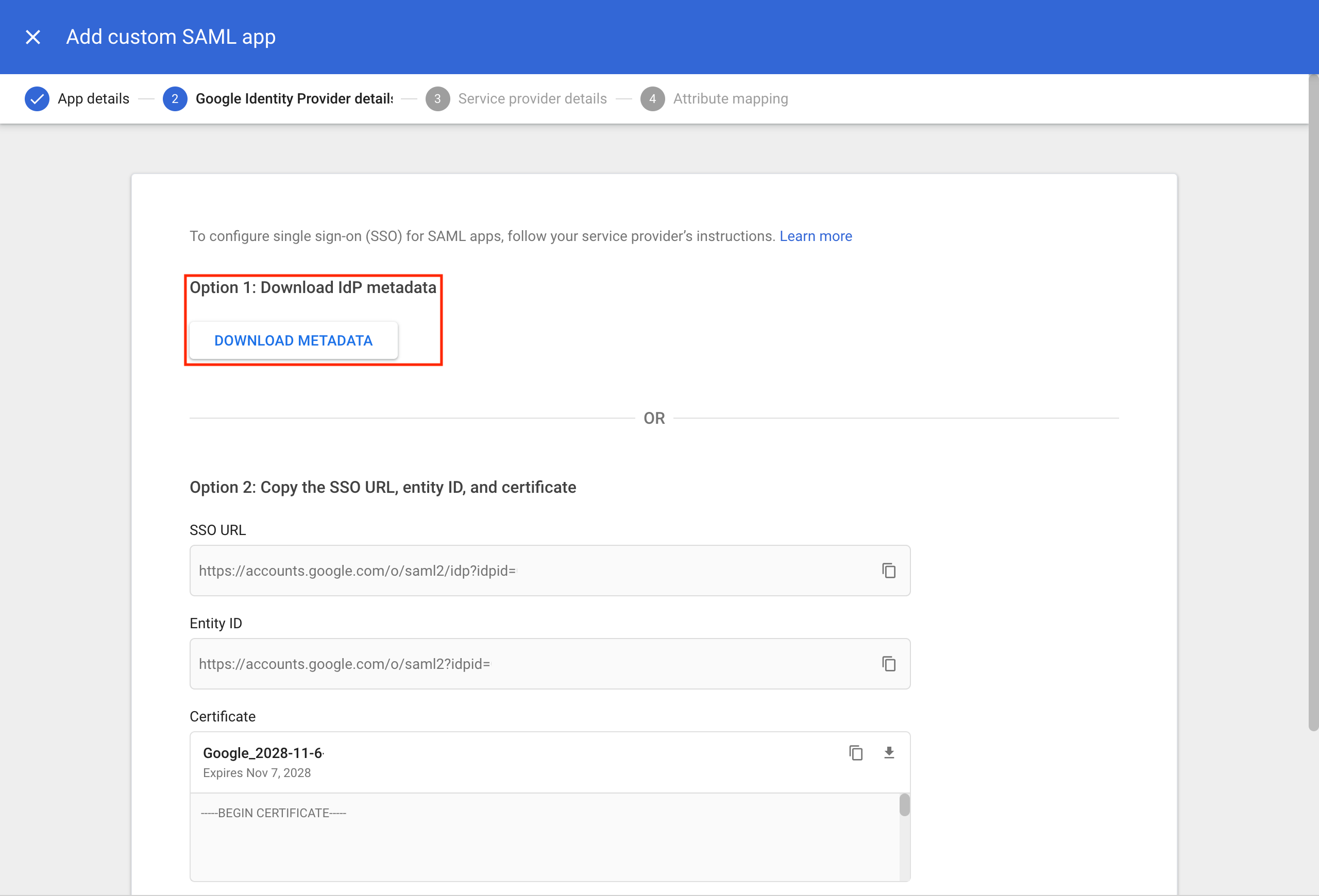 Google SAML app setup with Download Metadata button