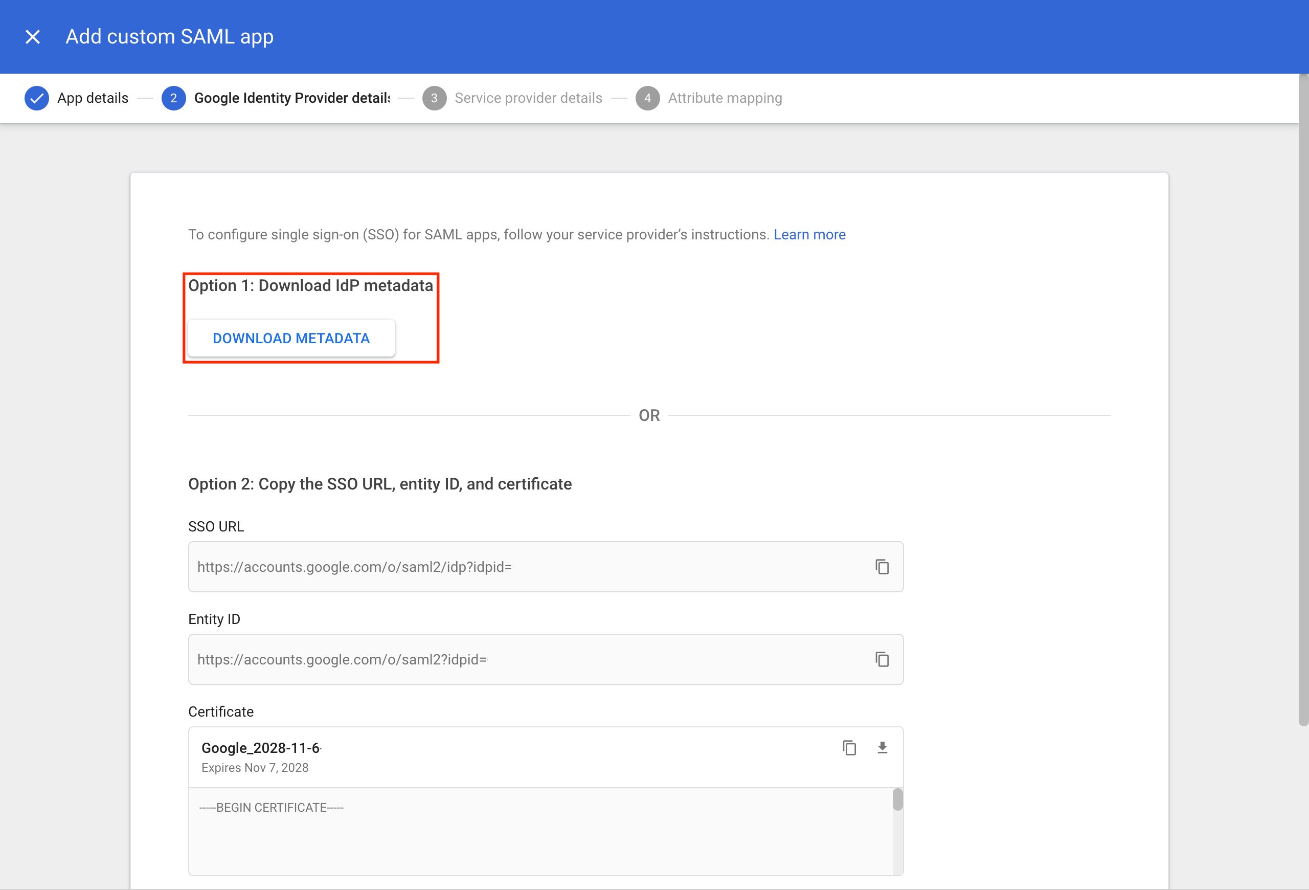 Google SAML app setup with Download Metadata button