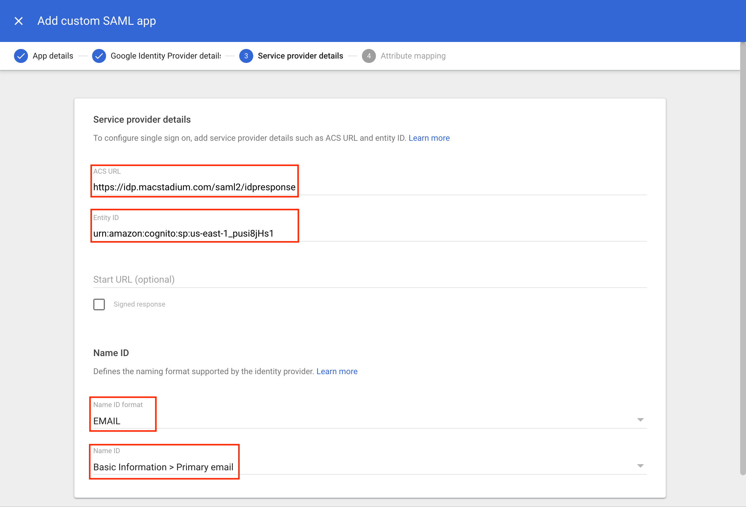 Google SAML app Service Provider Details with ACS URL, Entity ID, and Name ID fields