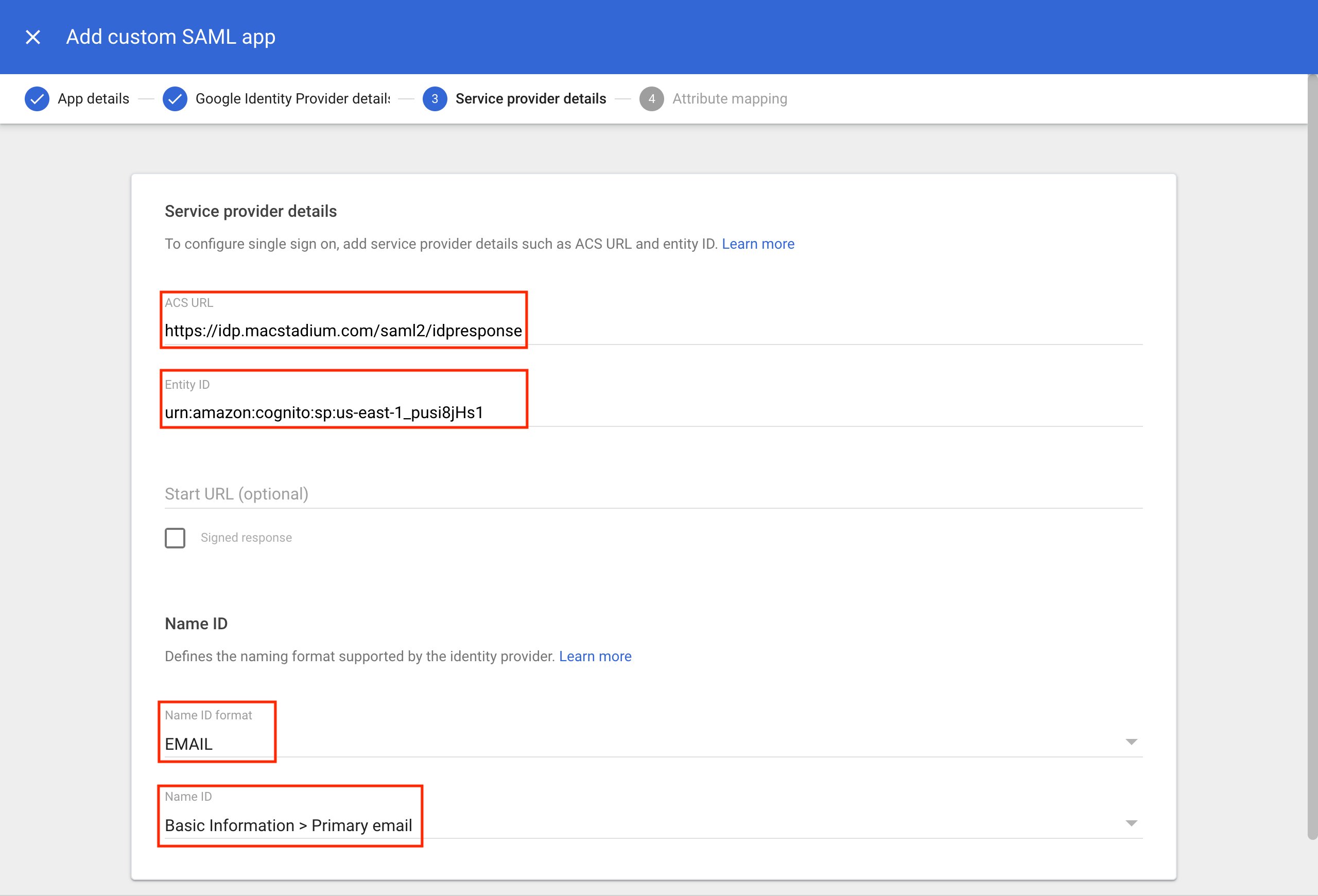Google SAML app Service Provider Details with ACS URL, Entity ID, and Name ID fields