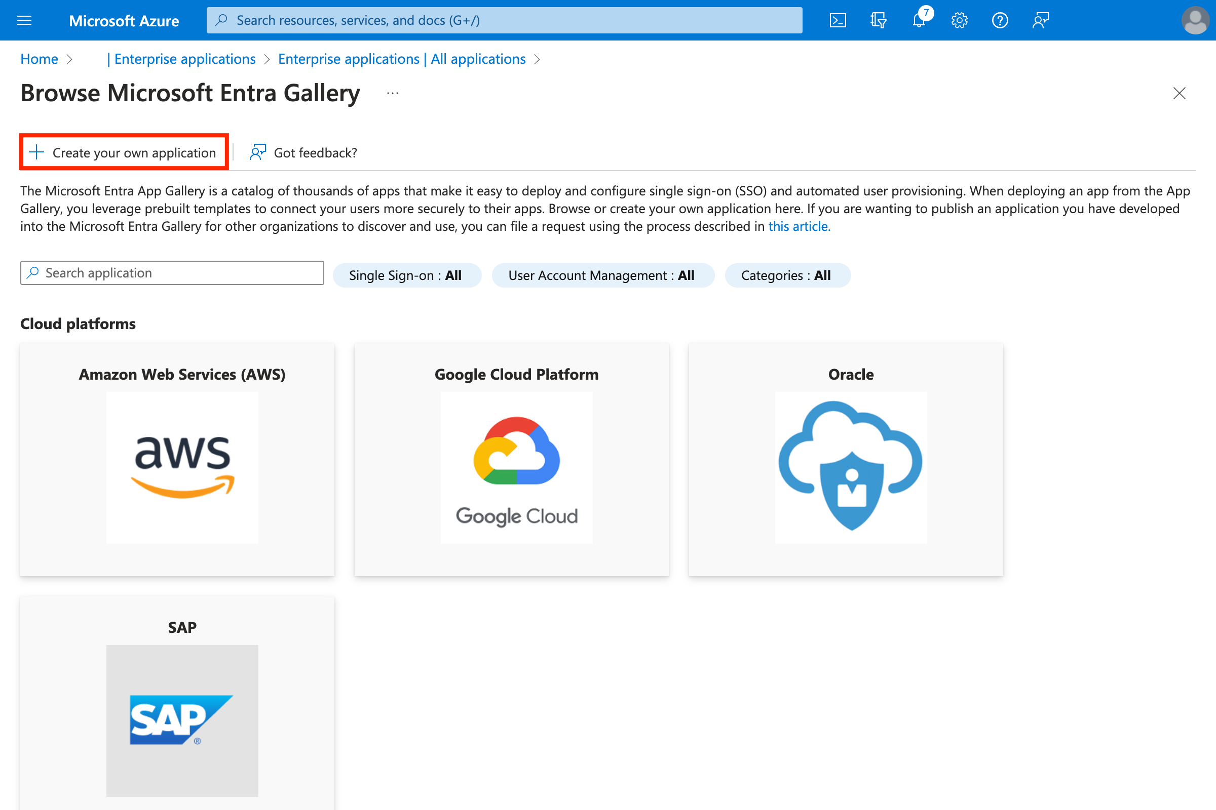 Azure Browse gallery page with Create your own application button