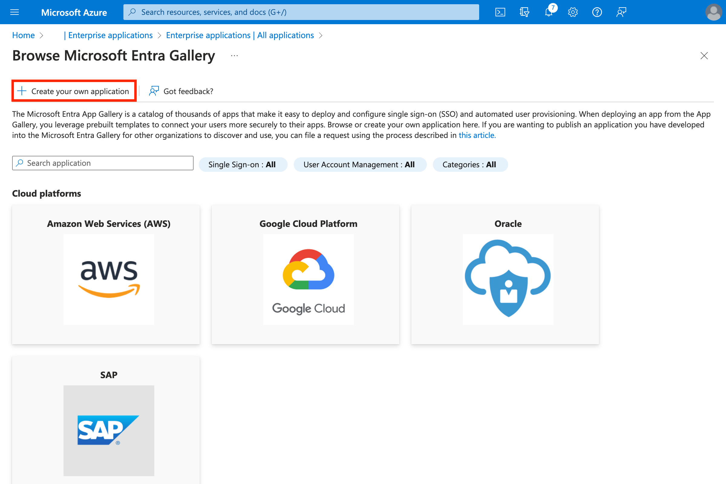 Azure Browse gallery page with Create your own application button