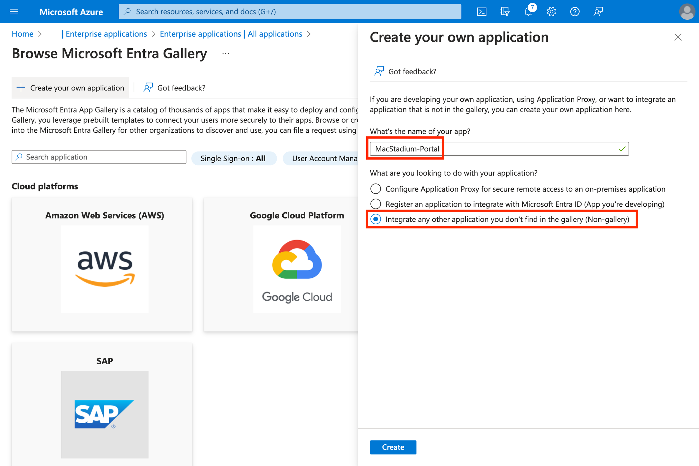 Azure Create your own application form with name field and non-gallery option selected