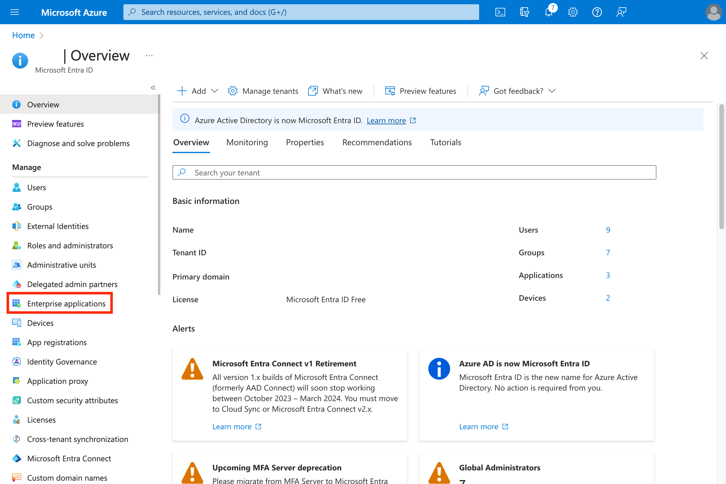 Azure Entra ID admin left sidebar with Enterprise applications option