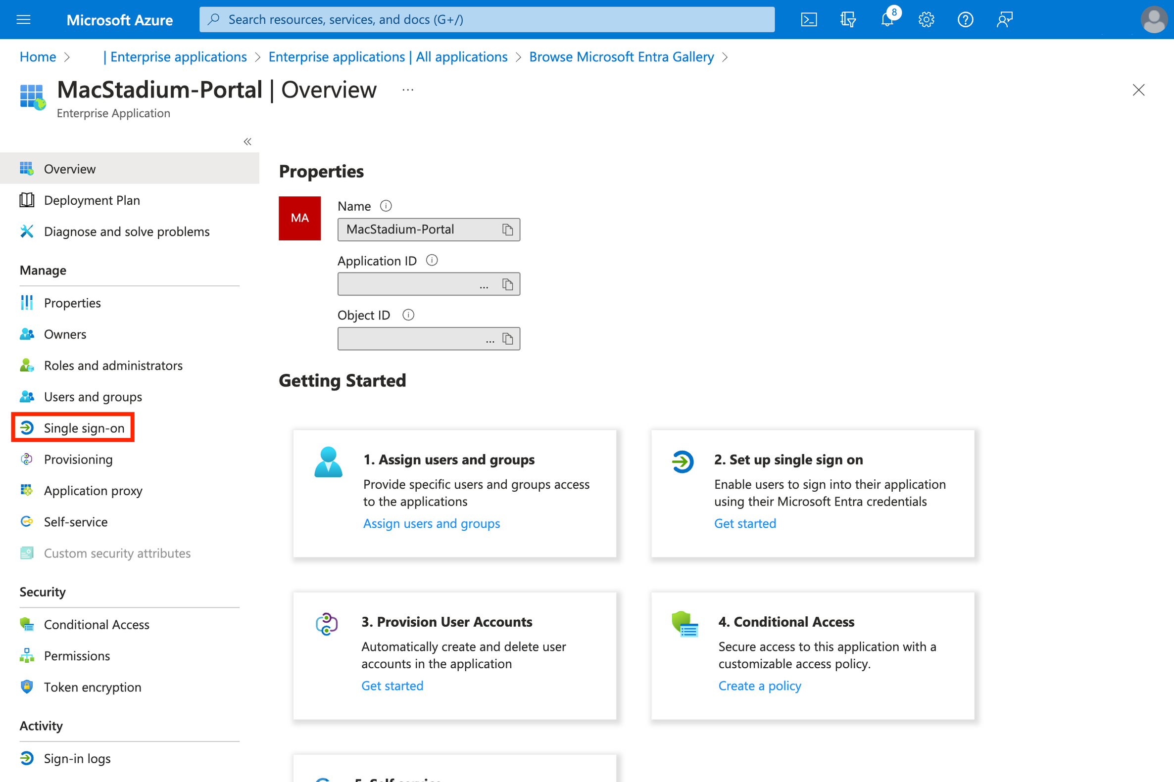 Azure enterprise app overview with Single sign-on option in sidebar