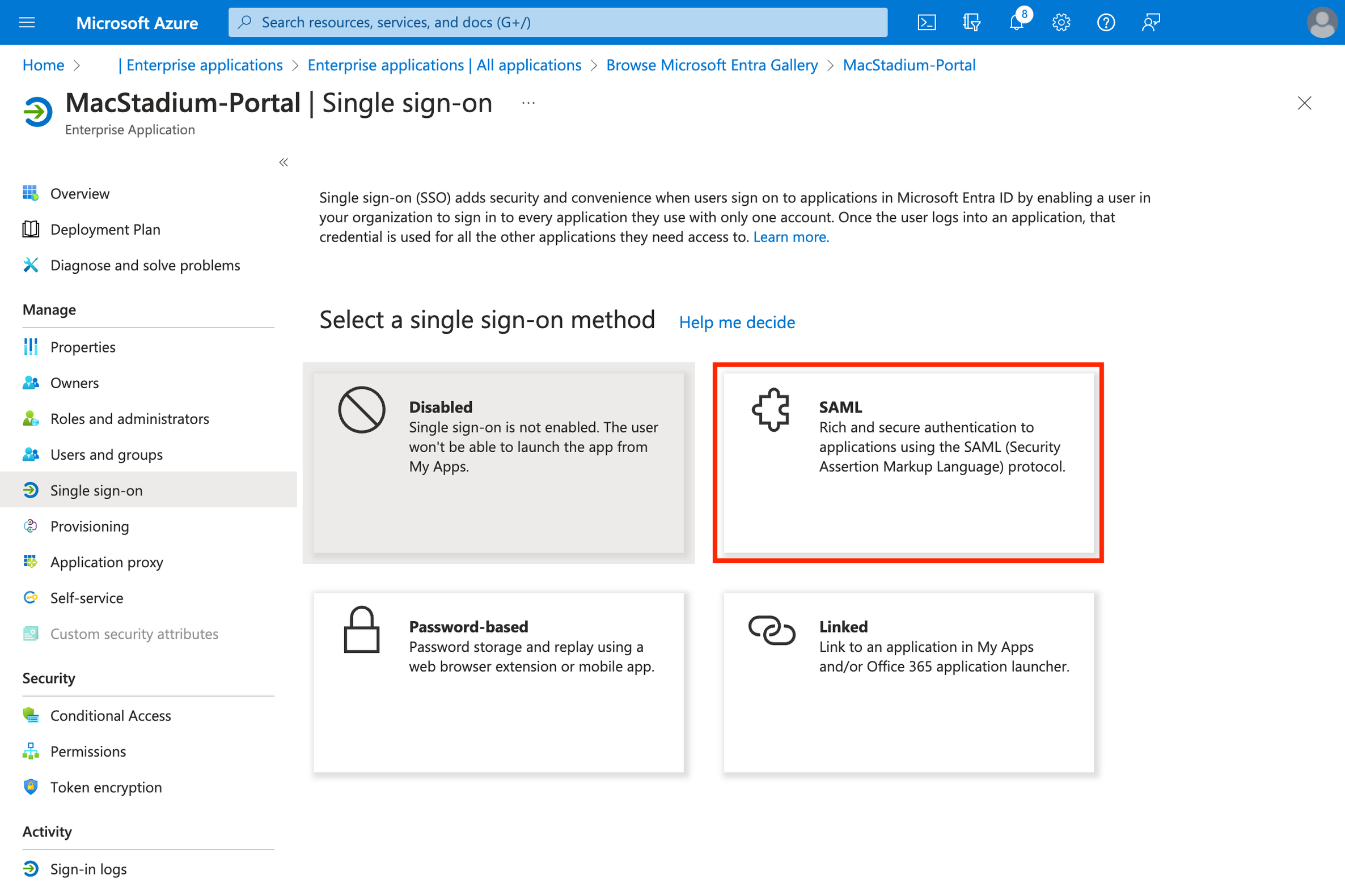 Azure Single sign-on method selection with SAML option highlighted