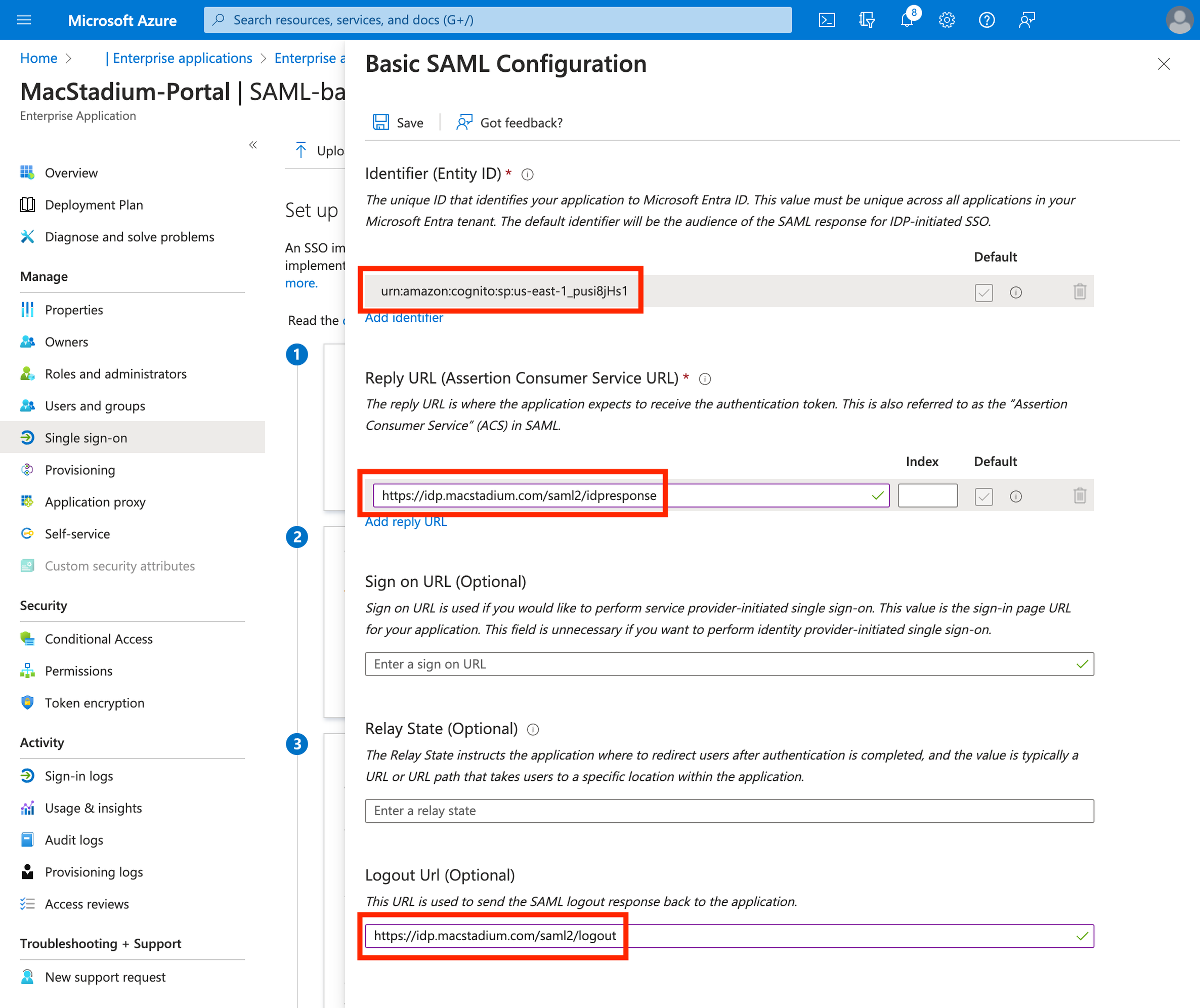 Azure Basic SAML Configuration with Entity ID, Reply URL, and Logout URL fields completed