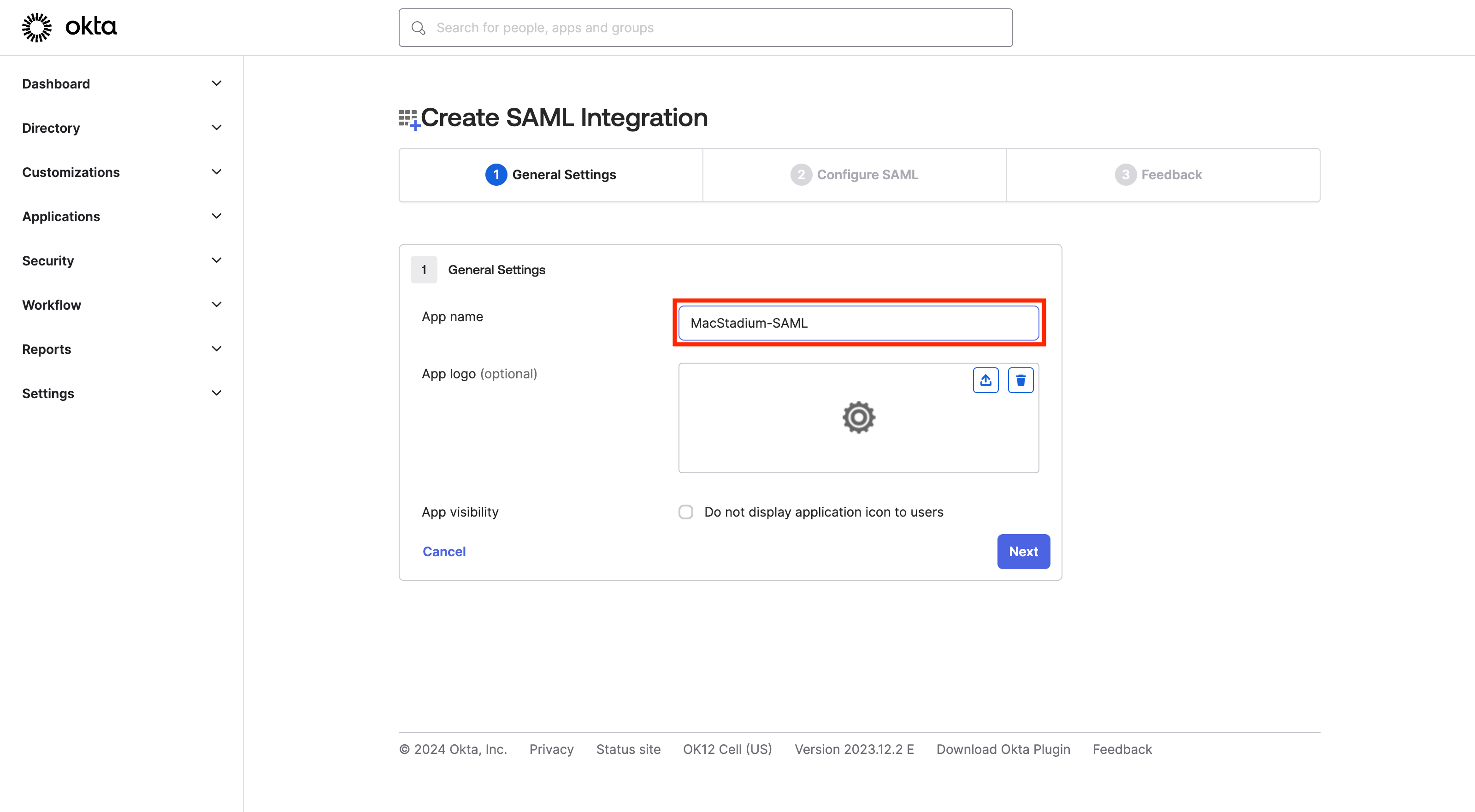 Okta General Settings tab with app name field