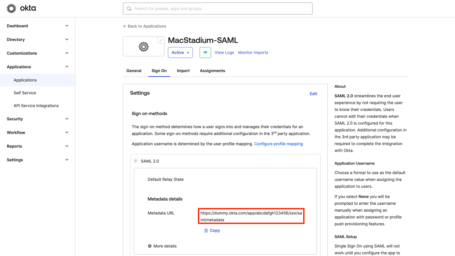 Okta app Sign On tab showing Metadata URL field to copy